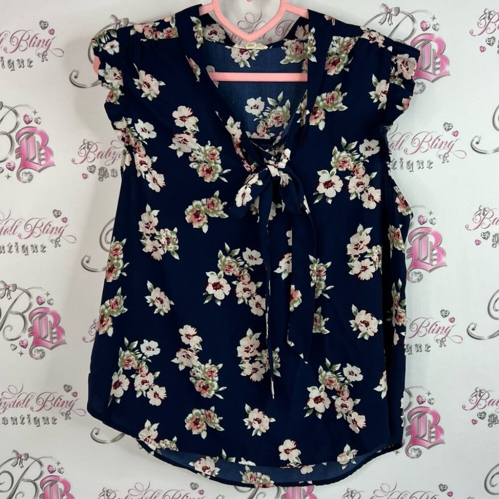 EAM blouse tie up ribbon tshirt ruffle sleeve detail flowers Navy Floral Blouse
